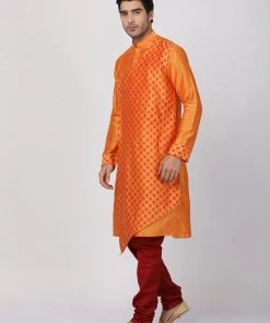Vastramay Men's Orange Cotton Silk Blend Kurta And Churidar Set