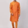 Vastramay Men's Orange Cotton Silk Blend Kurta And Churidar Set