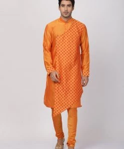 Vastramay Men's Orange Cotton Silk Blend Kurta And Churidar Set
