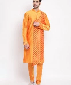 Vastramay Baap Beta Orange Silk Blend Printed Angrakha Design Kurta Pyjama Set