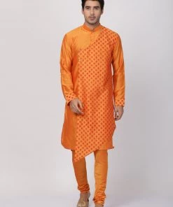 Vastramay Men's Orange Cotton Silk Blend Kurta