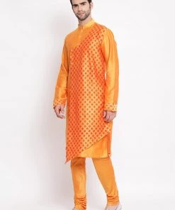 Vastramay Baap Beta Orange Silk Blend Printed Angrakha Design Kurta Pyjama Set