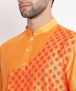Vastramay Baap Beta Orange Silk Blend Printed Angrakha Design Kurta Pyjama Set