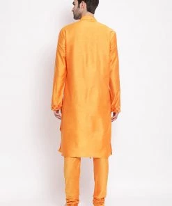 Vastramay Baap Beta Orange Silk Blend Printed Angrakha Design Kurta Pyjama Set