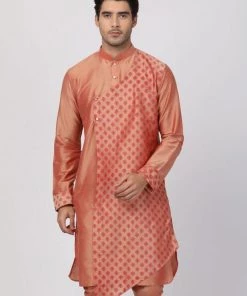 Vastramay Men's Peach Cotton Silk Blend Kurta