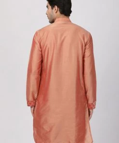 Vastramay Men's Peach Cotton Silk Blend Kurta