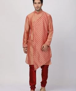 Vastramay Men's Peach Cotton Silk Blend Kurta And Churidar Set