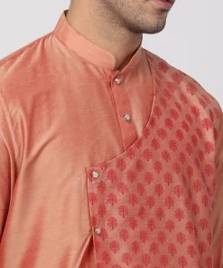 Vastramay Men's Peach Cotton Silk Blend Kurta And Churidar Set