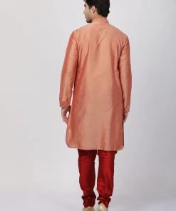 Vastramay Men's Peach Cotton Silk Blend Kurta And Churidar Set