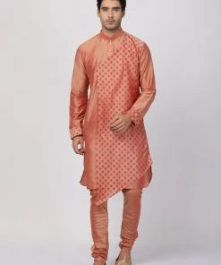Vastramay Men's Peach Cotton Silk Blend Kurta And Churidar Set