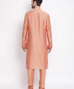 Vastramay Baap Beta Pink Silk Blend Printed Angrakha Design Kurta Pyjama Set