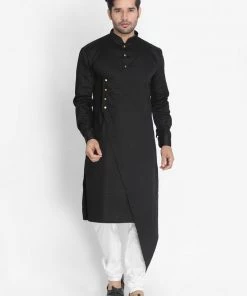Vastramay Cotton Satin Blend Black And Cream Baap Beta Kurta Pyjama Set
