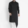 Vastramay Men's Black Cotton Satin Blend Kurta And Churidar Set