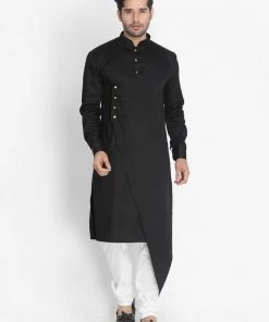 Vastramay Men's Black Cotton Satin Blend Kurta And Churidar Set