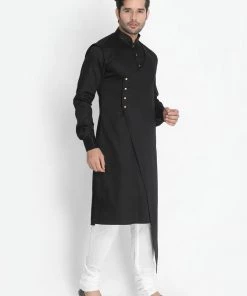 Vastramay Men's Black Cotton Satin Blend Kurta And Churidar Set
