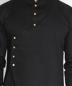 Vastramay Men's Black Cotton Satin Blend Kurta And Churidar Set