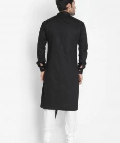 Vastramay Men's Black Cotton Satin Blend Kurta And Churidar Set