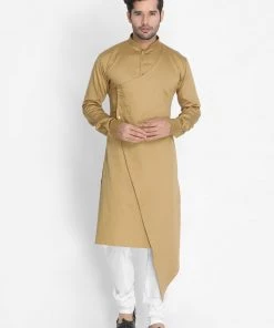 Vastramay Men's Beige Cotton Silk Blend Kurta And Churidar Set