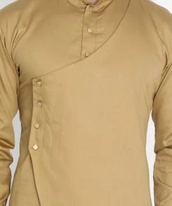 Vastramay Men's Beige Cotton Silk Blend Kurta And Churidar Set