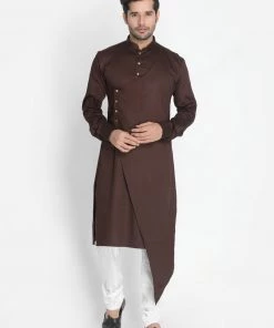 Vastramay Cotton Satin Blend Coffee Brown And Cream Baap Beta Kurta Pyjama Set