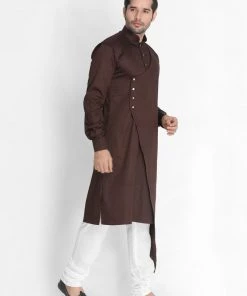 Vastramay Men's Brown Cotton Silk Blend Kurta And Churidar Set