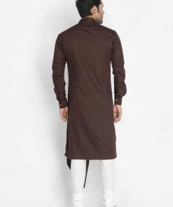 Vastramay Men's Brown Cotton Silk Blend Kurta And Churidar Set