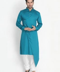 Vastramay Men's Blue Cotton Silk Blend Kurta And Churidar Set