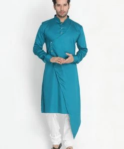 Vastramay Cotton Satin Blend Turquoise And Cream Baap Beta Kurta Pyjama Set