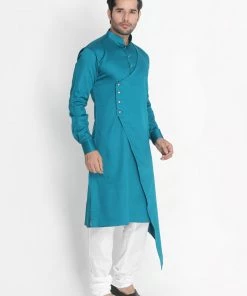 Vastramay Cotton Satin Blend Turquoise And Cream Baap Beta Kurta Pyjama Set