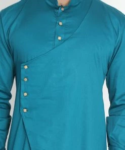 Vastramay Men's Blue Cotton Silk Blend Kurta And Churidar Set