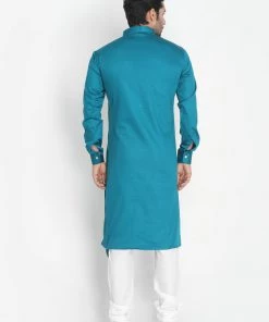 Vastramay Cotton Satin Blend Turquoise And Cream Baap Beta Kurta Pyjama Set