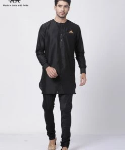 Vastramay Men's Black Cotton Blend Kurta And Churidar Set