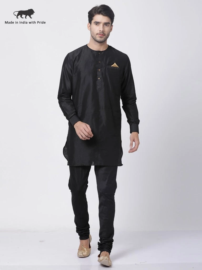 Vastramay Men's Black Cotton Blend Kurta And Churidar Set 3 Vastramay Men's Black Cotton Blend Kurta And Churidar Set