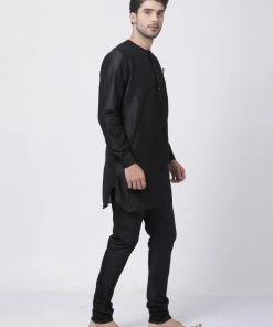 Vastramay Men's Black Cotton Blend Kurta And Churidar Set