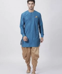 Vastramay Men's Dark Blue Cotton Silk Blend Kurta And Dhoti Pant Set Kurta Sets