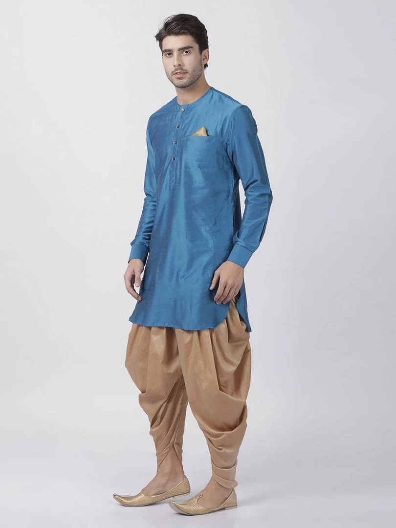 Vastramay Men's Dark Blue Cotton Silk Blend Kurta And Dhoti Pant Set Kurta Sets 4 Vastramay Men's Dark Blue Cotton Silk Blend Kurta And Dhoti Pant Set Kurta Sets