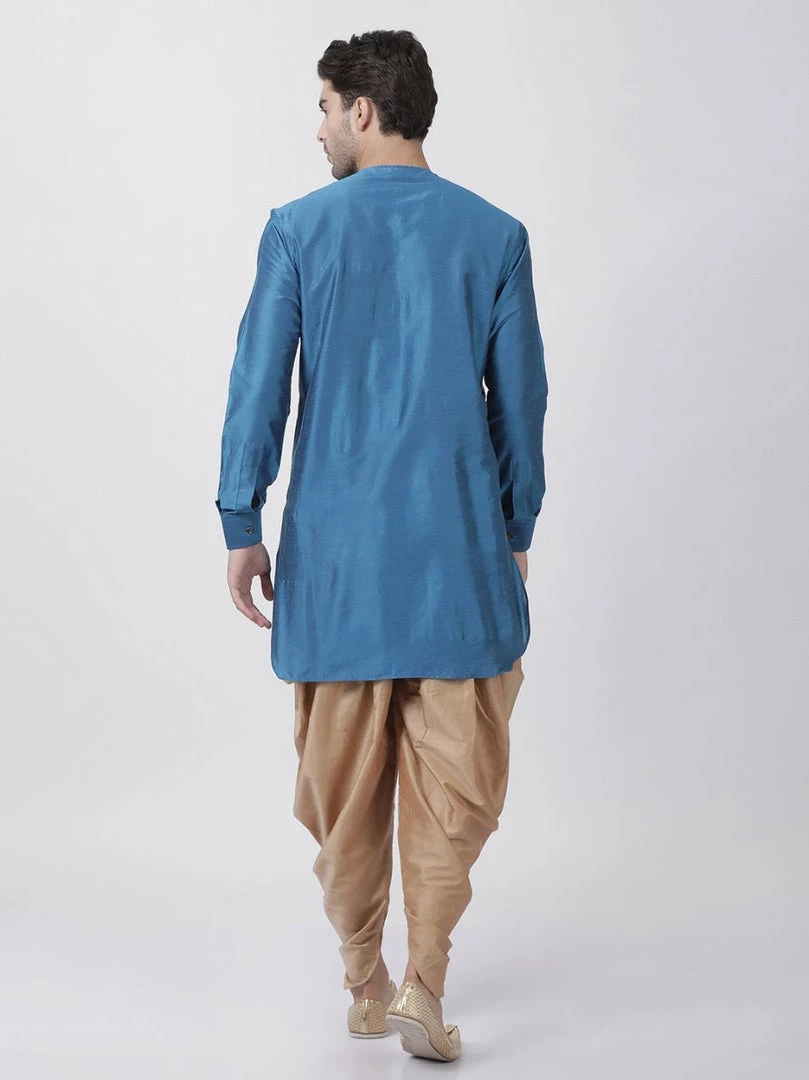 Vastramay Men's Dark Blue Cotton Silk Blend Kurta And Dhoti Pant Set Kurta Sets 6 Vastramay Men's Dark Blue Cotton Silk Blend Kurta And Dhoti Pant Set Kurta Sets