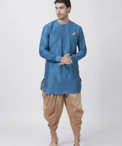 Vastramay Men's Dark Blue Cotton Silk Blend Kurta And Dhoti Pant Set Kurta Sets 14 Vastramay Men's Dark Blue Cotton Silk Blend Kurta And Dhoti Pant Set Kurta Sets