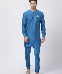 Vastramay Kurta Sets Men's Dark Blue Cotton Silk Blend Kurta And Churidar Set