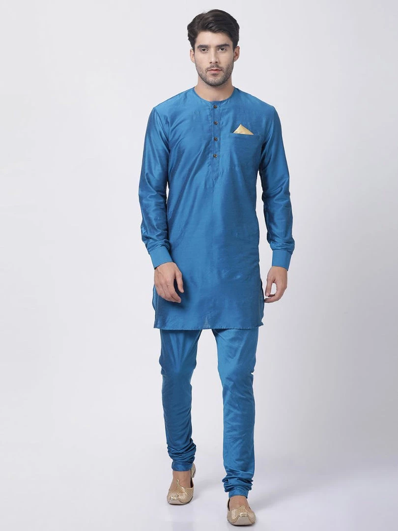 Vastramay Kurta Sets Men's Dark Blue Cotton Silk Blend Kurta And Churidar Set 3 Vastramay Kurta Sets Men's Dark Blue Cotton Silk Blend Kurta And Churidar Set