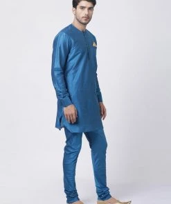 Vastramay Kurta Sets Men's Dark Blue Cotton Silk Blend Kurta And Churidar Set 9 Vastramay Kurta Sets Men's Dark Blue Cotton Silk Blend Kurta And Churidar Set