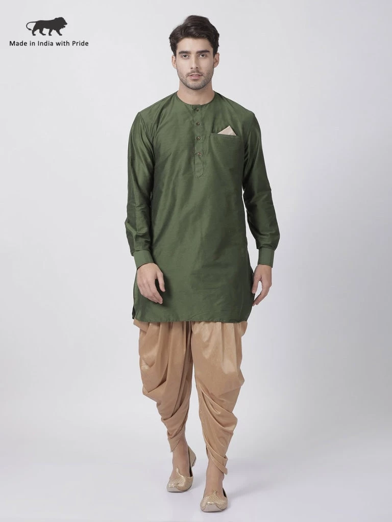 Vastramay Men's Green Cotton Blend Kurta And Dhoti Pant Set 3 Vastramay Men's Green Cotton Blend Kurta And Dhoti Pant Set