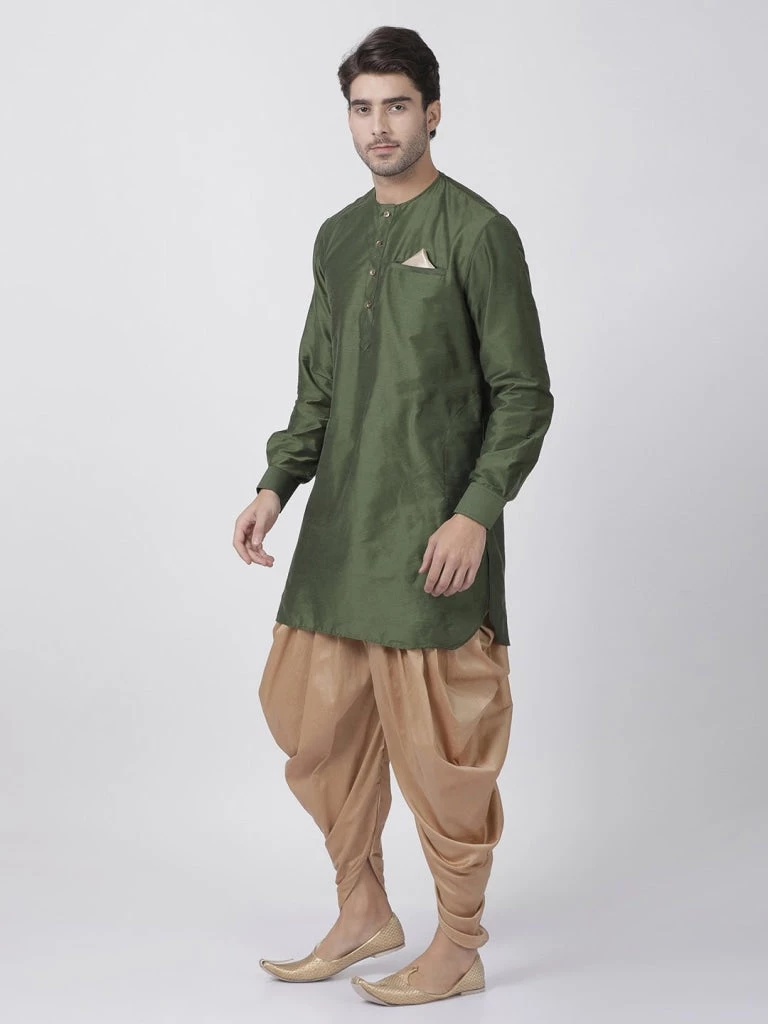 Vastramay Men's Green Cotton Blend Kurta And Dhoti Pant Set 4 Vastramay Men's Green Cotton Blend Kurta And Dhoti Pant Set