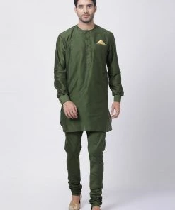 Vastramay Men's Green Cotton Blend Kurta And Churidar Set