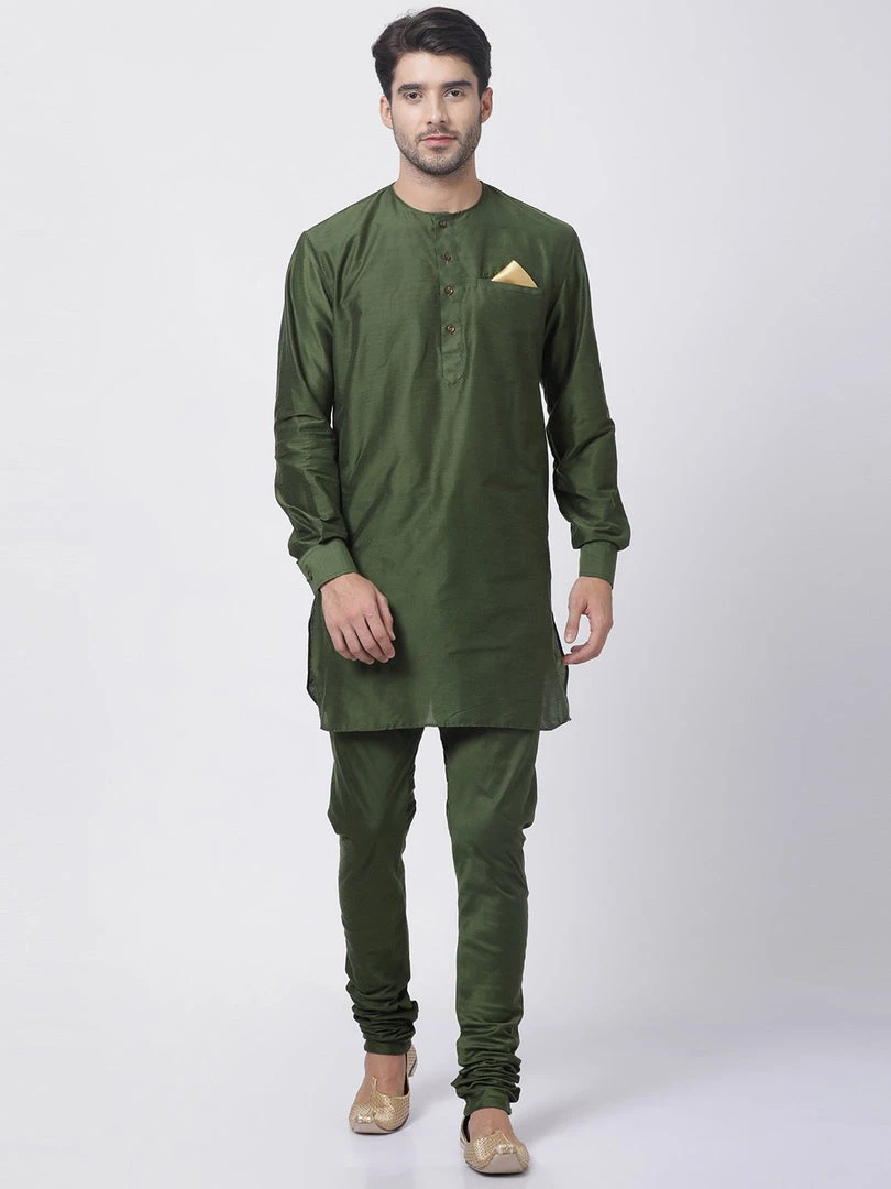 Vastramay Men's Green Cotton Blend Kurta And Churidar Set 3 Vastramay Men's Green Cotton Blend Kurta And Churidar Set