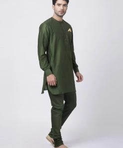 Vastramay Men's Green Cotton Blend Kurta And Churidar Set
