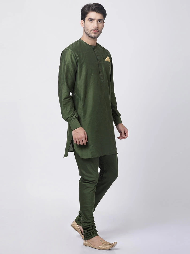 Vastramay Men's Green Cotton Blend Kurta And Churidar Set 4 Vastramay Men's Green Cotton Blend Kurta And Churidar Set