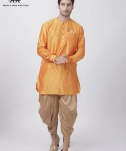 Vastramay Men's Orange Cotton Blend Kurta And Dhoti Pant Set