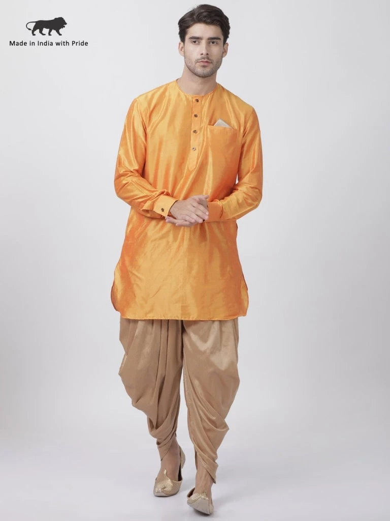 Vastramay Men's Orange Cotton Blend Kurta And Dhoti Pant Set 3 Vastramay Men's Orange Cotton Blend Kurta And Dhoti Pant Set
