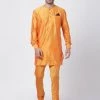 Vastramay Men's Orange Cotton Blend Kurta And Churidar Set